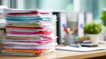A desk cluttered with a large stack of colorful papers, office supplies are scattered around, illustrating a hectic workspace during a typical workday.