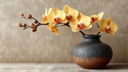   A vase filled with yellow flowers sits atop a wooden table beside two vases, one brown and one black, both holding flowers
