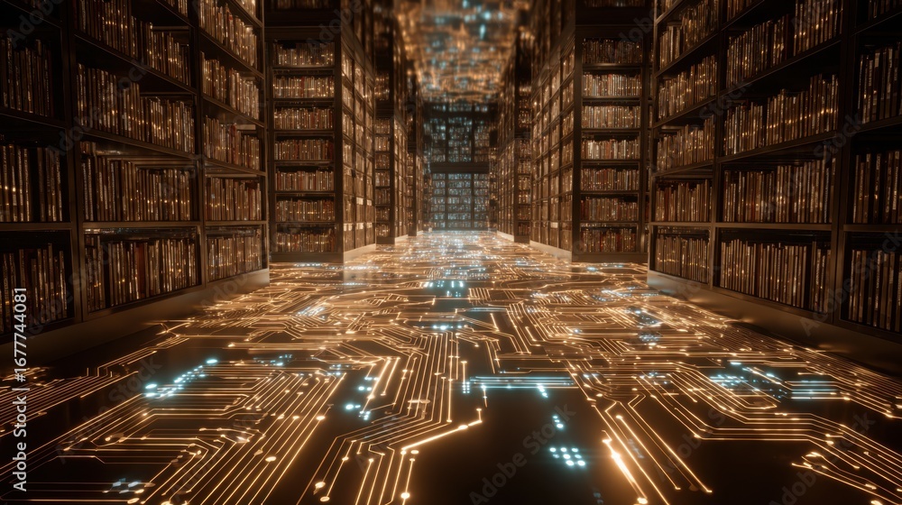 Poster a vast library filled with towering shelves of books, illuminated by glowing circuit patterns on the