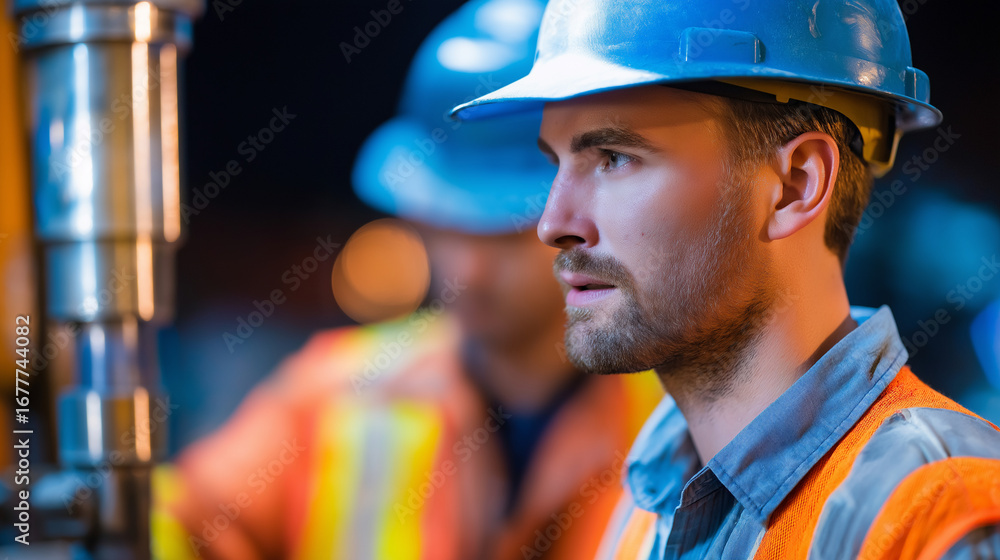 Poster tunnel boring machine operators working underground with specialized drilling equipment safety light