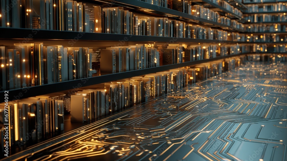 Poster a futuristic library features shelves filled with glowing books, while the floor is designed with in