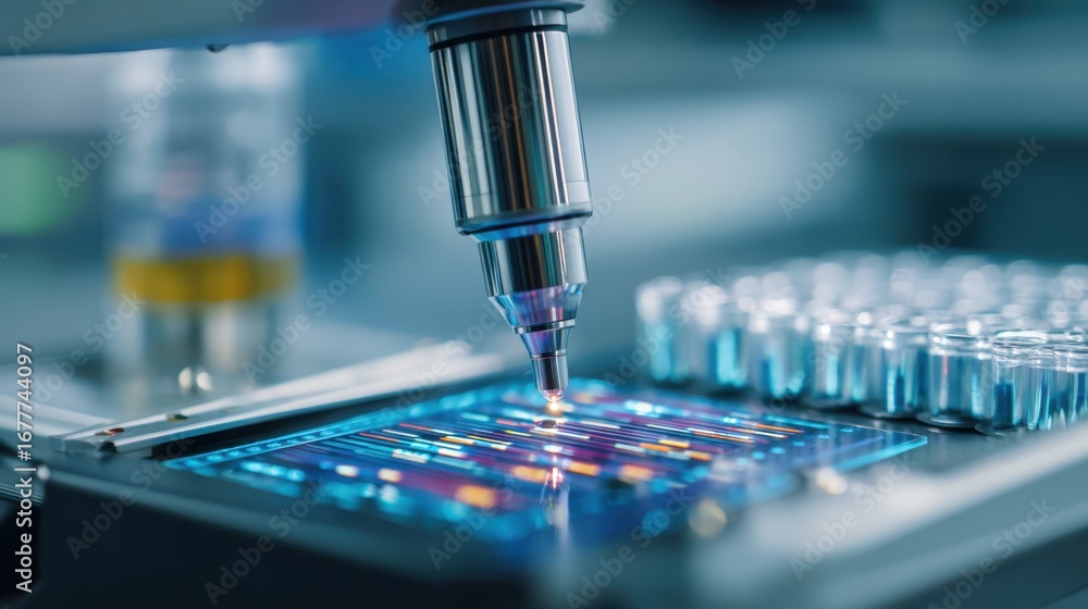 Poster a precision instrument hovers above a sample plate in a modern laboratory, analyzing various biologi