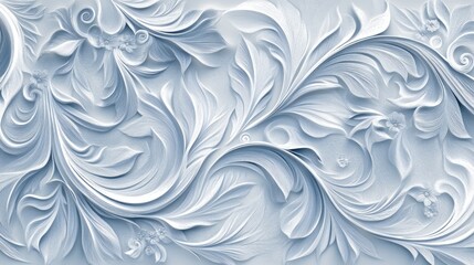 Intricate, flowing, 3D floral pattern in shades of white and pale blue