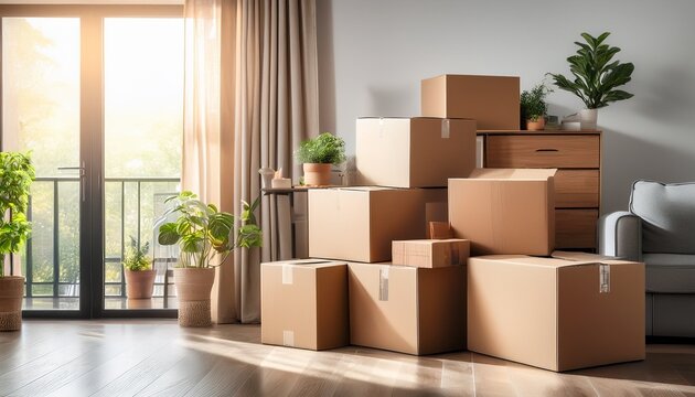 organized cardboard boxes in bright living room moving concept
