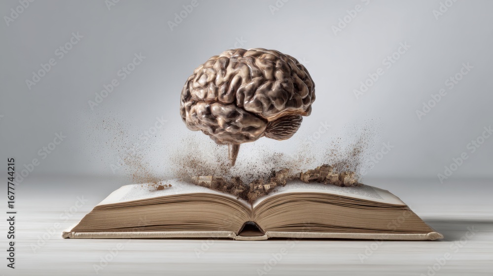 Aufkleber an open book sits on a flat surface, with a 3d brain hovering above it. dust particles rise, symboli