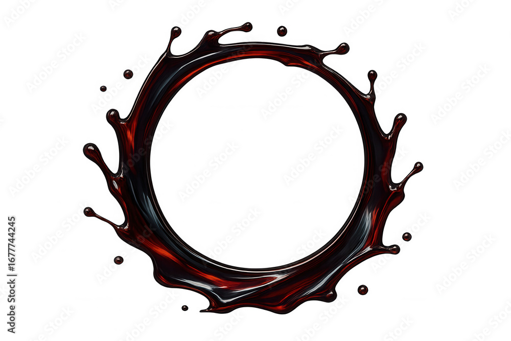 Poster dark liquid circular splash spreading dynamically, highlighting beverage design elements with dramat