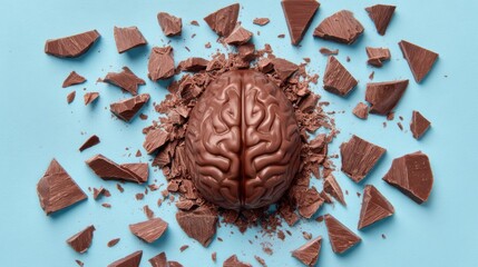 A detailed chocolate sculpture shaped like a brain is placed at the center, surrounded by broken pieces of chocolate on a vibrant blue background, showcasing an innovative dessert idea.