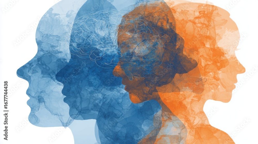 Poster three side profiles showcase contrasting colors and textures, symbolizing the complexity of human em