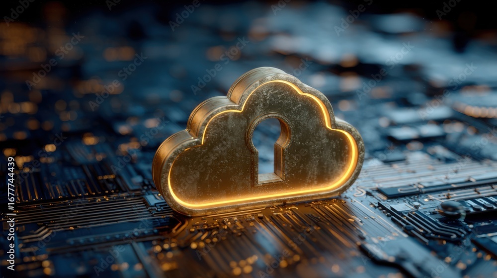 Poster a golden cloud icon with a keyhole stands prominently on a dark, intricately designed circuit board.