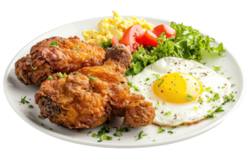 Fried Chicken with Scrambled Egg on Authentic Plate - Transparent Background