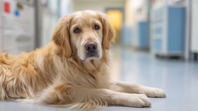 A golden retriever lies peacefully on the floor of a veterinary clinic, showcasing its friendly demeanor. The clinic features light-colored walls and medical equipment in the background. - Powered by Adobe