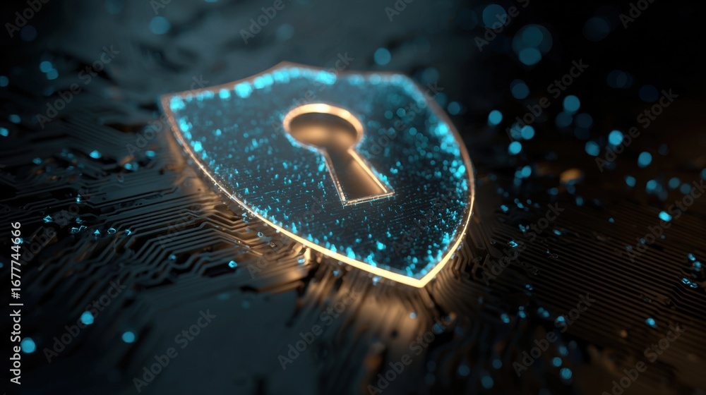 Poster a glowing shield symbol is displayed on a dark circuit board background. the design signifies digita