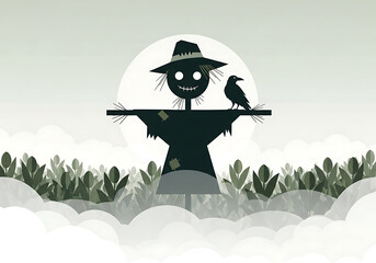 A cartoon scarecrow with a crow perched on its arm in a field against a white background