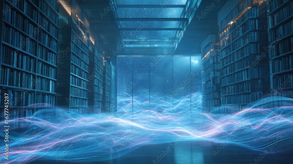 Poster a futuristic library features towering bookshelves filled with books. ethereal lights swirl across t