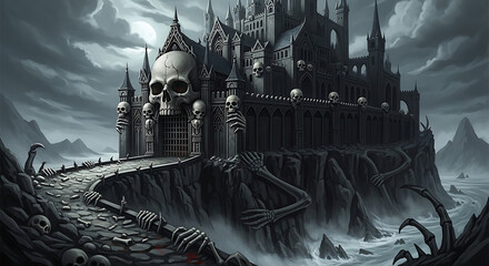 A dark gothic castle with skulls and bones on a cliff overlooking a misty sea under a cloudy sky