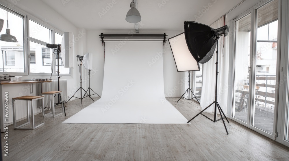 Poster a modern photography studio features large windows allowing ample natural light. equipment includes 