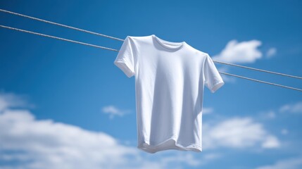 A plain white t-shirt hangs on a clothesline, gently swaying in the breeze. Bright sunlight shines down, casting soft shadows on the fabric, surrounded by a serene blue sky.