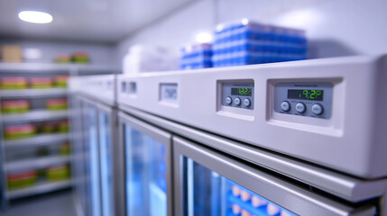 Fototapeta premium Temperature controlled pharmaceutical storage facility with climate monitoring systems and sterile packaging protocols rows of medical supplies and drug inventory managed under