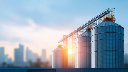 Obraz premium Grain storage silos towering against industrial skyline with conveyor systems and automated handling equipment agricultural commodity management and pest control systems ensuring