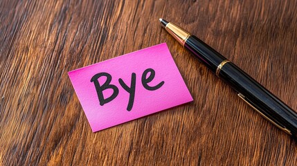 A farewell note saying 'Bye' on a pink sticky note next to a sleek black pen on a wooden surface.