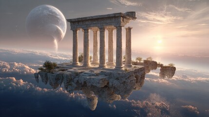 Fototapeta premium A majestic ancient temple hovers above soft clouds, illuminated by a stunning sunset. A large planet is visible in the background, creating a surreal atmosphere and enhancing the scene's beauty.