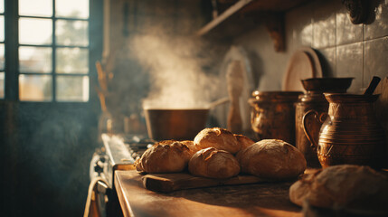 Freshly baked bread rises in the morning light of a rustic kitchen, where steam swirls in a cinematic haze, inviting warmth and comfort to start the day