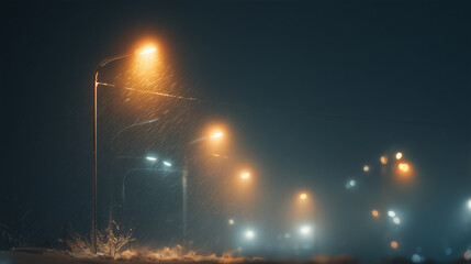 Glowing streetlights illuminate a snowy landscape during a snowstorm, creating a warm atmosphere amidst the cold and mist, depicting serenity and calmness at nighttime