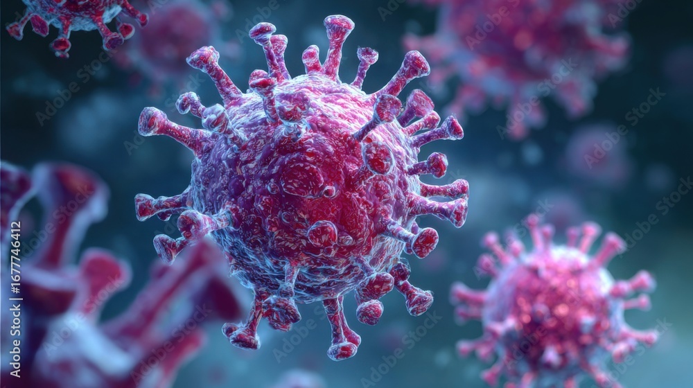 Poster a close-up view reveals the intricate structure of a virus cell with prominent spikes, set against a