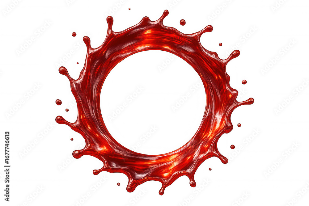 Poster red liquid dynamic splash spreading radially, capturing fluid motion with vibrant energy against tra