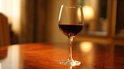 A glass filled with rich red wine stands gracefully on a smooth wooden table. The warm glow from the background enhances the inviting atmosphere of the cozy room during evening hours.
