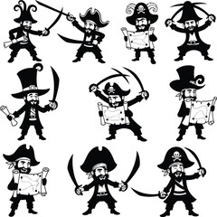 Pirate character silhouettes with swords, treasure maps, hats, and costumes in adventurous poses for kids’ themes, parties, or games.