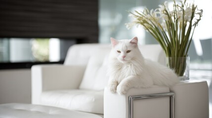 A fluffy white cat rests comfortably on a sleek white chair in a minimalist living room. The space is accented by a vibrant flower arrangement and bright sunlight streaming through windows.
