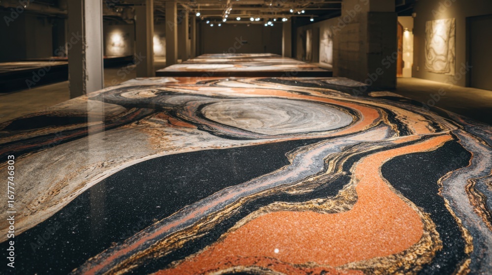Aufkleber vibrant stone slabs with intricate patterns fill a spacious gallery. the polished surfaces reflect l