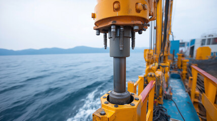 Offshore construction barge with pile driving equipment hammering foundation supports into seabed hydraulic systems and positioning thrusters maintaining stability against