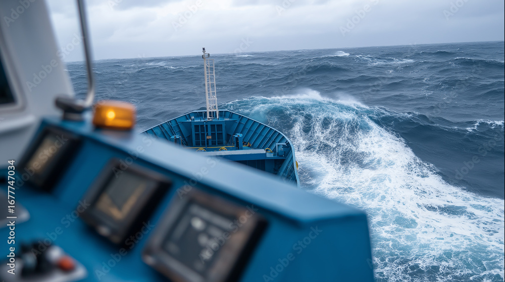 Poster container ship navigating through massive storm swells with cargo containers secured by heavy duty s