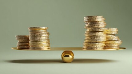 Stacks of shining gold coins are arranged on either side of a golden scale, perfectly balanced. This representation illustrates the themes of wealth, finance, and economic equilibrium.