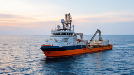 Naklejka premium Submarine cable installation vessel laying fiber optic communications infrastructure on ocean floor precision navigation equipment and cable management systems operating in deep