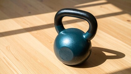 Fototapeta premium Dark-colored kettlebell on light-brown wooden floor