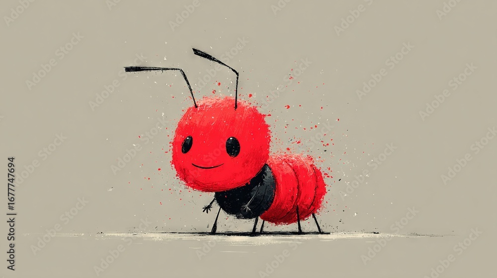 Poster a bug with a smile stands on one leg in a drawing of red