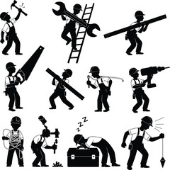 Silhouette construction workers with tools, hammer, drill, saw, ladder, cable, tape, working in various poses and humorous actions.