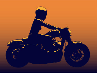 Silhouette of a girl motorcyclist with glitter on her figure and motorcycle, riding a motorcycle on an orange background.