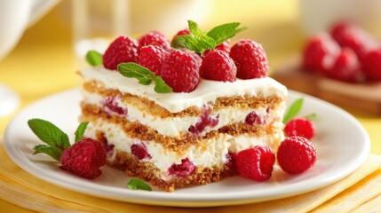 A tempting dessert features layers of creamy filling interspersed with fresh raspberries and mint on a white plate, set against a cheerful yellow background, perfect for summer gatherings.