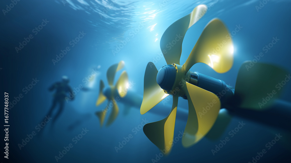 Poster tidal energy installation with underwater turbine arrays harnessing ocean current power maintenance 