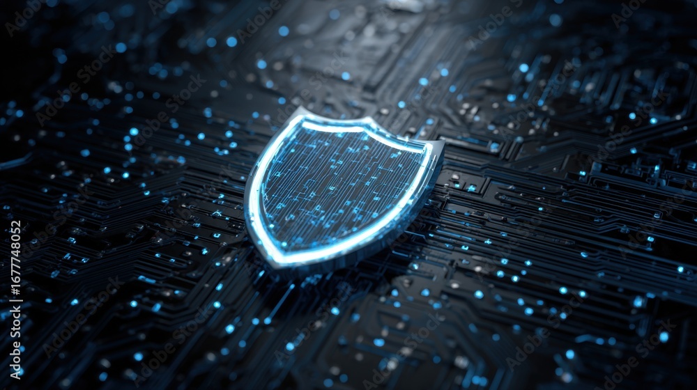 Poster a glowing blue shield symbol rests on a detailed circuit board, showcasing elements of cybersecurity