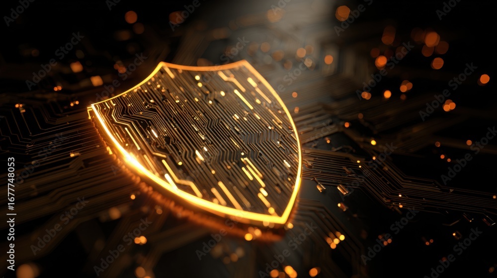 Aufkleber a glowing shield design is prominently displayed on a circuit board pattern, symbolizing cybersecuri