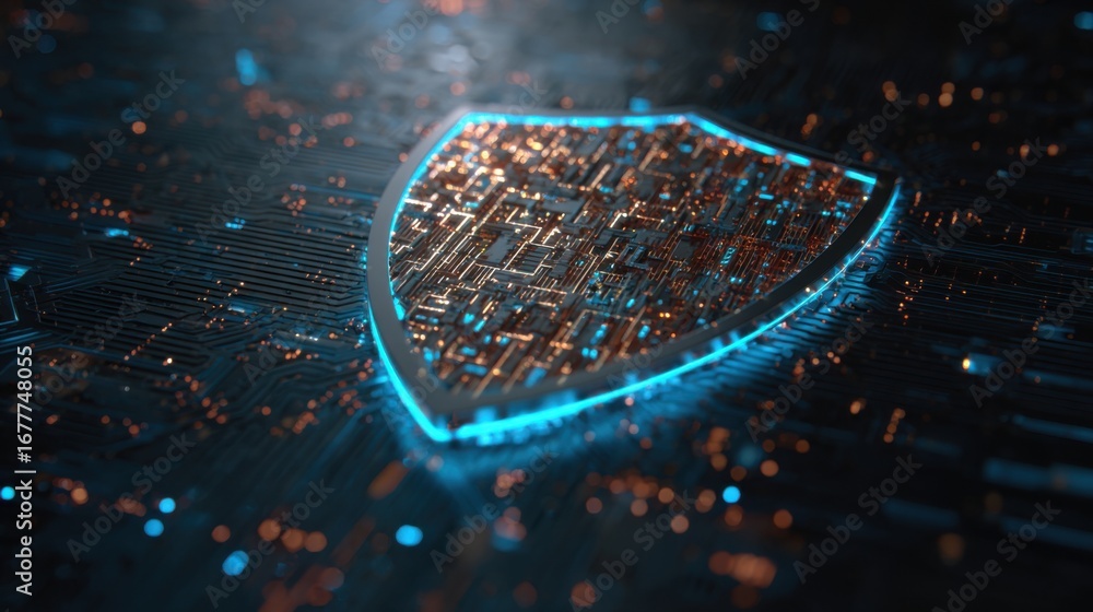 Aufkleber a glowing shield design dominates a circuit board backdrop, filled with intricate patterns and light