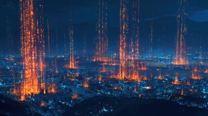 Fototapeta premium Vibrant fireworks create a stunning spectacle over the city skyline at night, filling the sky with bright colors and illuminating buildings below.