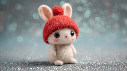 A charming needle-felted bunny stands wearing a bright red hat, set against a sparkling background with soft bokeh, creating a whimsical atmosphere perfect for warm moments.