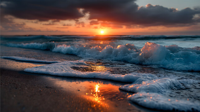 A vibrant sunset casting glden reflections on the ocan waves, with a sandy beah in the foreground.