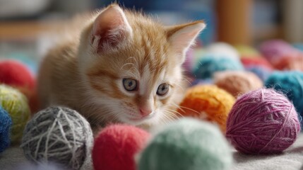 A playful orange kitten investigates a variety of bright yarn balls scattered on a soft surface in a warm, inviting indoor environment in the afternoon sun.